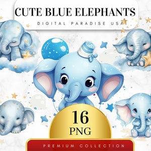 Conjunto de 16, elefante azul fofo, elefante PNG, clipart de chá de bebê, decoração de berçário, elefante azul, arte de elefante, PNG de sublimação, PNG digital
