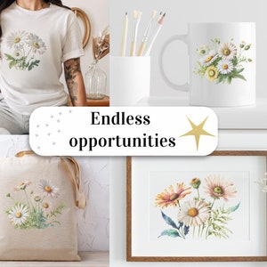 May include: A set of four different products featuring a watercolour illustration of white daisies and other wildflowers. The products include a t-shirt, a tote bag, a mug, and a framed print. The text "Endless opportunities" is displayed on a white background.