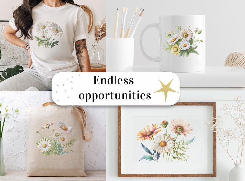May include: A set of four different products featuring a watercolour illustration of white daisies and other wildflowers. The products include a t-shirt, a tote bag, a mug, and a framed print. The text "Endless opportunities" is displayed on a white background.