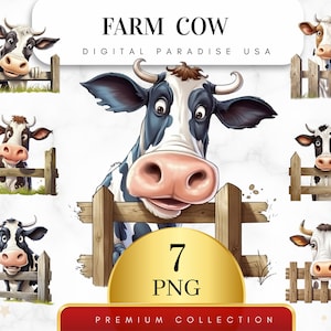 Set of 7, Watercolor Farm Cow Clipart, Cow PNG, Farm Animal Clipart, Farm Cow Illustration, Junk Journal, Sublimation Png, Digital Download