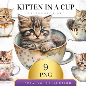Set of 9, Watercolor Kitten in a Cup, Kitten Clipart, Watercolor Kitten, Little Animal Clipart, Kitten Png, Cat Clipart, Cat Png,Digital Png