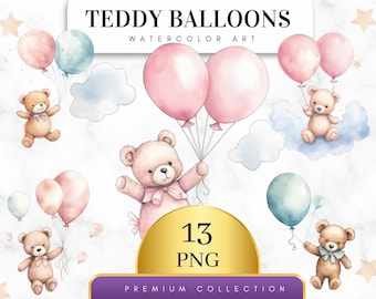 Set of 13, Teddy Balloons Nursery Clipart, Teddy Bear Clipart, Balloon Clipart, Baby Nursery Decor, Sublimation PNG, Digital Download