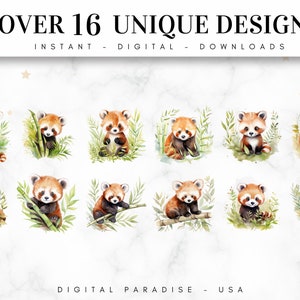May include: A set of 12 digital illustrations featuring cute red pandas in various poses, surrounded by green bamboo and leaves. The illustrations are in a watercolor style and are perfect for use in crafts, scrapbooking, or digital design projects.