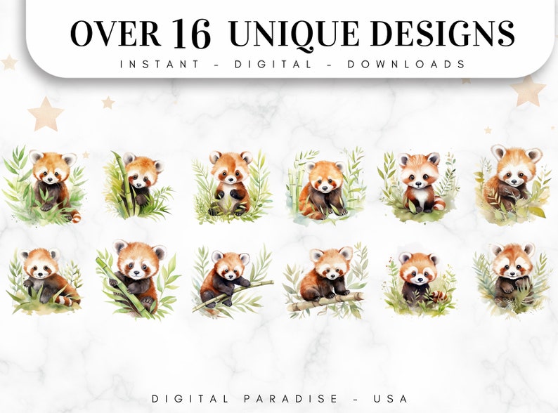 May include: A set of 12 digital illustrations featuring cute red pandas in various poses, surrounded by green bamboo and leaves. The illustrations are in a watercolor style and are perfect for use in crafts, scrapbooking, or digital design projects.