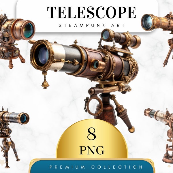 Set of 8, Antique Victorian Vintage Telescope, Steampunk Telescope, Telescope Png, Watercolor Telescope, Telescope Clipart Png, Digital Png