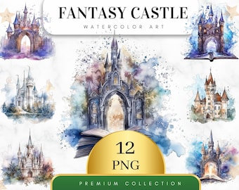 Set of 12, Fantasy Castle Watercolor Clipart, Dark Fantasy Clip Art, Fairy Tale Decor, Medieval Graphics, Wall Art, Castle Png, Digital PNG