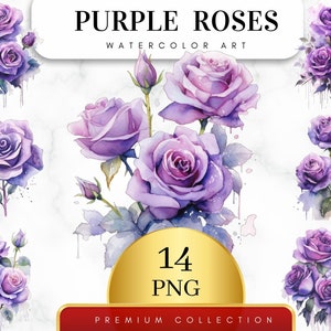 Set of 14, Watercolor Purple Roses,  Floral Clipart,  Wedding Clipart,  Spring Clipart,  Purple Roses Png, Watercolor flower, Digital PNG