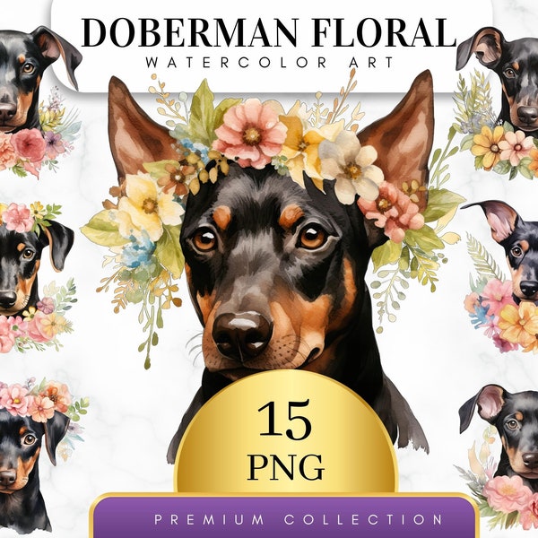 Set of 15, Floral Doberman Pinscher Clipart, Doberman Pinscher PNG, Dog Clipart, Dog Art, Dog Lover, Wall Art, Sublimation PNG, Digital PNG