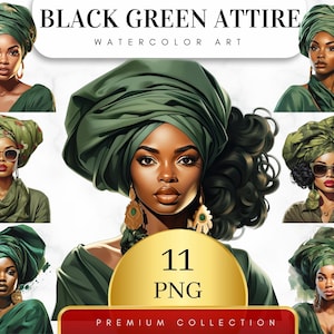 Set of 11, Black Model in Green Clipart, African American Clipart, Fashion Girl, Ethnic Art, Afro Clipart, Sublimation PNG, Digital Download