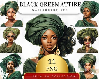 May include: A collection of 11 digital illustrations featuring Black women wearing green head wraps and clothing. The illustrations are in a watercolor style and are labeled "BLACK GREEN ATTIRE WATERCOLOR ART" and "11 PNG PREMIUM COLLECTION".
