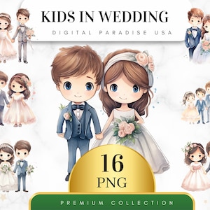Conjunto de 16, Niños en imágenes prediseñadas de boda, paquete de fiesta de bodas, niños en ceremonia, imágenes prediseñadas de niña de flores, arte para niños, png de sublimación, png digital