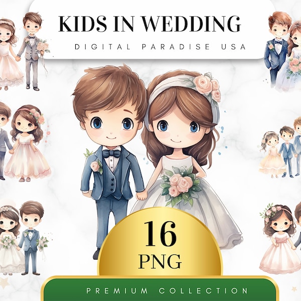 Set of 16, Kids in Wedding Clipart, Wedding Party Bundle, Children in Ceremony, Flower Girl Clipart, Kids Art, Sublimation Png, Digital Png