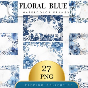以下が含まれることがあります： 27個の青い水彩の花のフレームのセット。フレームは、デザインにエレガントなタッチを加えるのに最適です。フレームはPNGファイルで、高解像度です。