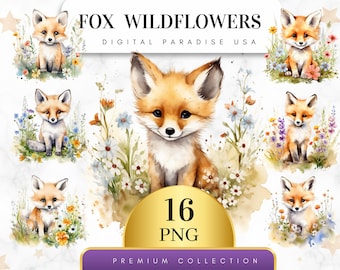 Set of 16, Fox Wildflowers Clipart, Fox Clipart, Wildflower PNG, Watercolor Fox, Woodland Animals, Fox Art,Sublimation PNG, Digital Download
