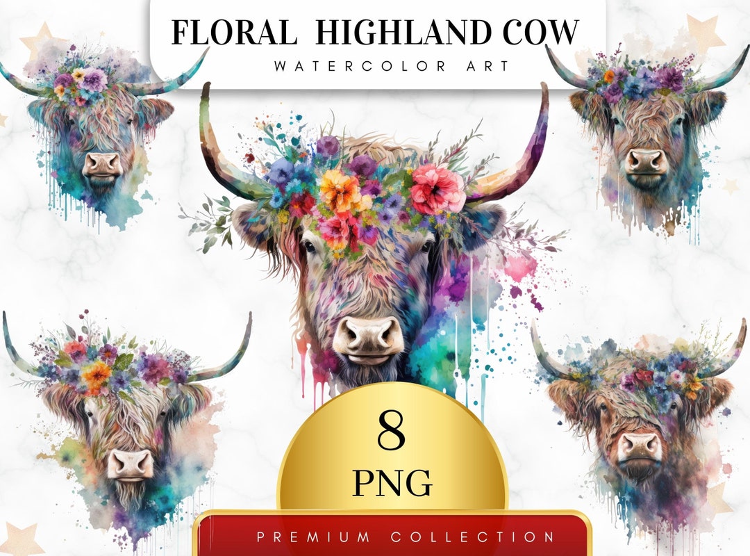 Set of 8, Watercolor Floral Highland Cow, Highland Cow Clip Art ...