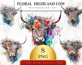 Set of 8, Watercolor Floral Highland Cow, Highland Cow Clip art, Highland Cow, Sublimation Png, Animal Art, Highland Cow Png, Digital Png