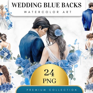24er Set, Hochzeitspaare blaue Rückseite, Hochzeitstag Clipart PNG, Ehe Clipart, Just Married Clipart, Braut und Bräutigam Png, Digital PNG