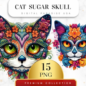 15 個セット、猫のシュガー スカル、猫のシュガー スカル PNG、猫のクリップアート、ハロウィーンのクリップアート、猫 PNG、水彩猫、昇華 PNG、デジタル ダウンロード