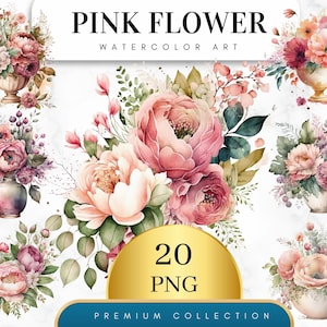 20 個セット、水彩ピンクのフラワーアレンジメント、花の PNG、花のクリップアート、結婚式のクリップアート、春のクリップアート、水彩の花、デジタル PNG