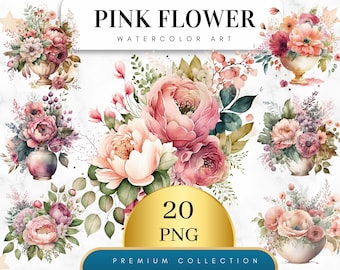 Set of 20, Watercolor Pink Flower Arrangement, Floral PNG, Floral Clipart, Wedding Clipart, Spring Clipart, Watercolor Flower, Digital PNG