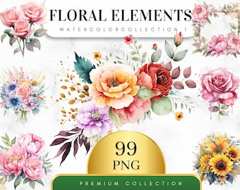 Set of 99, Watercolor Floral Clipart,  Floral Clipart,  Wedding Clipart,  Spring Clipart,  Wild Flowers Png, Watercolor flower, Digital PNG