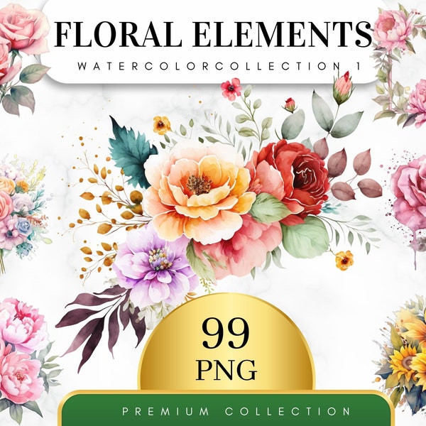 Set von 99, Aquarell Blumen Clipart, Blumen Clipart, Hochzeit Clipart, Frühling Clipart, Wildblumen Png, Aquarell Blume, Digital PNG