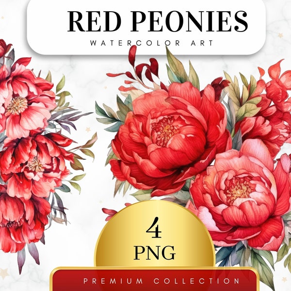 Set of 4, Watercolor Red Peonies Floral Clipart, Floral PNG, Floral Clipart, Wedding Clipart, Spring Clipart, Watercolor Flower, Digital PNG