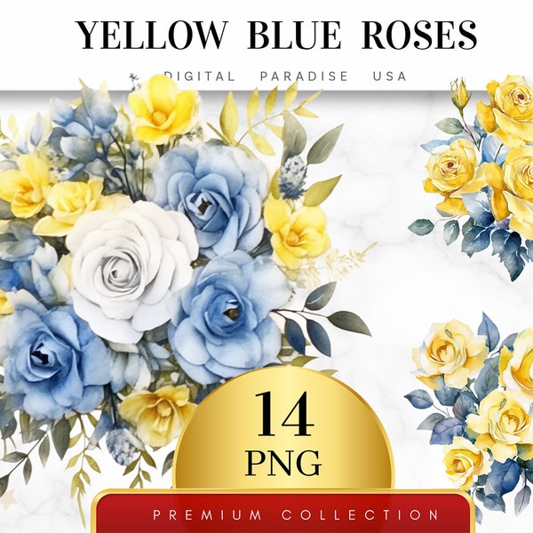 Set of 14, Yellow Blue Roses Clipart, Rose PNG, Flower Clipart, Floral PNG, Wedding Clipart, Spring Clipart, Watercolor Flower, Digital PNG