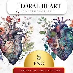 Set of 5, Watercolor Floral Heart Clipart, Heart Sublimation, Valentines Day Png, Love Png, Floral Heart Png, Baby Shower Png, Digital Png