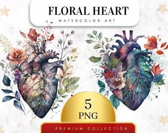 Set of 5, Watercolor Floral Heart Clipart, Heart Sublimation, Valentines Day Png, Love Png, Floral Heart Png, Baby Shower Png, Digital Png