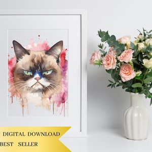 Conjunto de 4, imágenes prediseñadas de gato gruñón en acuarela, gato gruñón PNG, camiseta de gato gruñón, sublimación de animales PNG, gato PNG, arte de gato gruñón, PNG digital imagen 5