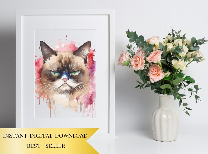Conjunto de 4, imágenes prediseñadas de gato gruñón en acuarela, gato gruñón PNG, camiseta de gato gruñón, sublimación de animales PNG, gato PNG, arte de gato gruñón, PNG digital imagen 5