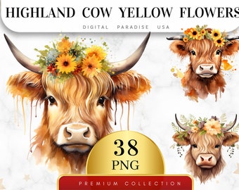 Set von 38, Highland Kuh gelbe Blumen, Highland Kuh PNG, Kuh Clipart, Boho Tier, Highland Kuh Kunst, Sublimation PNG, digitaler Download