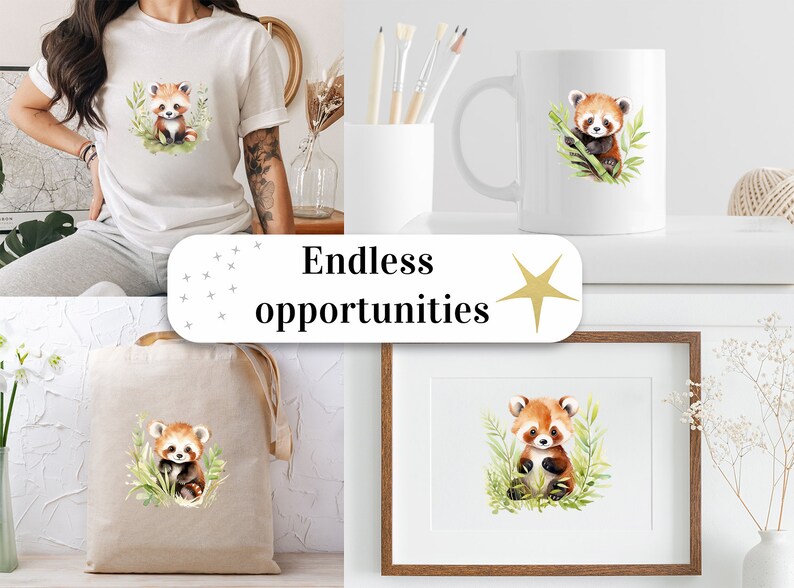 May include: A set of products featuring a cute red panda illustration. The set includes a white t-shirt, a white mug, a tote bag, and a framed print. The red panda is holding a bamboo stalk and surrounded by green leaves. The text "Endless opportunities" is displayed on a white background with a gold star.