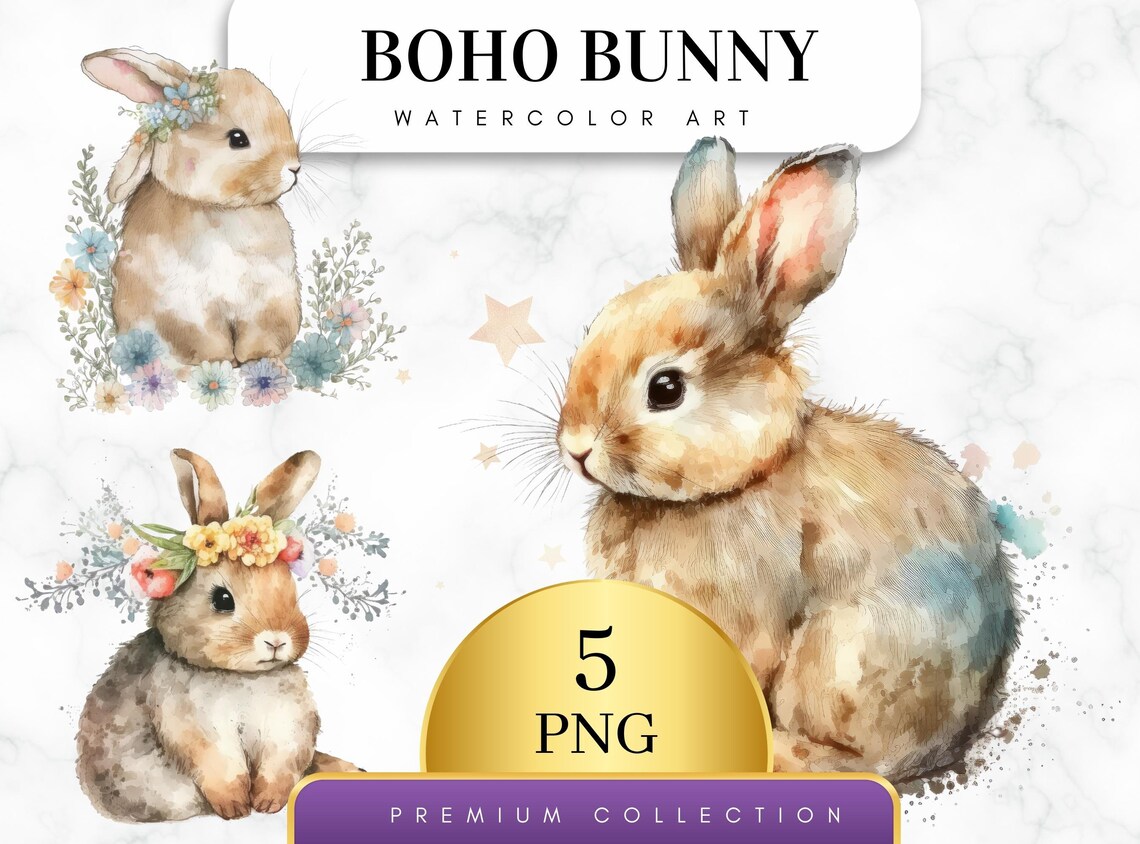 Set of 5, Watercolor Bunnies Clipart, Bunnies PNG, Nursery Clipart ...