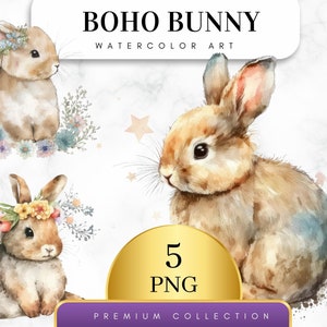 Set of 5, Watercolor Bunnies Clipart, Bunnies PNG, Nursery Clipart, Spring Bunnies Clipart, Floral Clipart, Bunny Sublimation, Digital Png