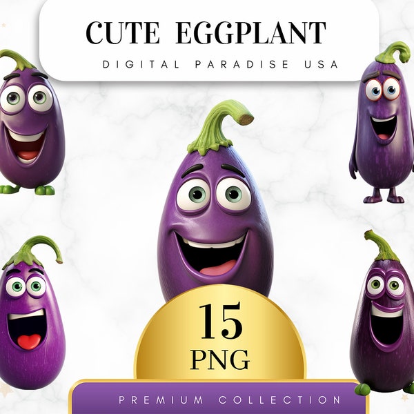 Lot de 15, clipart aubergine mignon, aubergine PNG, clipart légume, aquarelle aubergine, sublimation PNG, clipart nourriture, téléchargement numérique