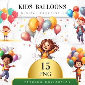 Set of 15, Kids Balloons Clipart, Balloon Bundle, Birthday Party Decor, Balloon PNG, Children's Clipart, Scrapbooking, Digital Download