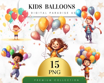 Set of 15, Kids Balloons Clipart, Balloon Bundle, Birthday Party Decor, Balloon PNG, Children's Clipart, Scrapbooking, Digital Download