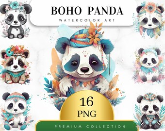 Set of 16, Watercolor Boho Style Panda Clipart, Panda Clipart Bundle, Wild Animal Clipart, Watercolor Panda Png, Nursery Deco, Digital Png