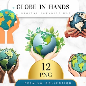 Set von 12, Globus in Händen Clipart, Erde Clipart, Weltkarte Clipart, Reise Clipart, Abenteuer Clipart, Sublimation, digitaler Download, PNG