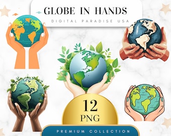 Lot de 12, Clipart globe en mains, clipart terre, carte du monde des cliparts, clipart voyage, clipart aventure, sublimation, téléchargement numérique, PNG