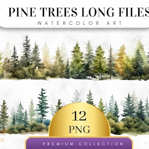Set of 12, Watercolor Pine Trees Long Files, Pine Tree Clipart, Woodland Tree, Forest Landscape, Pine Trees, Wedding invitation, Digital Png