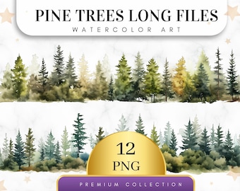 Set of 12, Watercolor Pine Trees Long Files, Pine Tree Clipart, Woodland Tree, Forest Landscape, Pine Trees, Wedding invitation, Digital Png