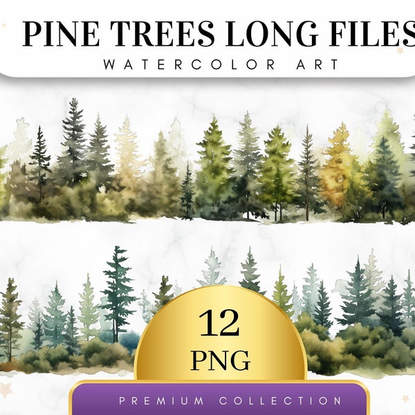 Set of 12, Watercolor Pine Trees Long Files, Pine Tree Clipart, Woodland Tree, Forest Landscape, Pine Trees, Wedding invitation, Digital Png