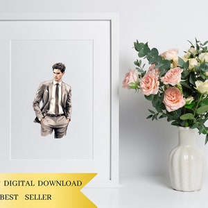 Set di 25, Clipart di uomini in giacca e cravatta ad acquerello, Clipart di uomini belli, Moda uomo PNG, Moda uomo PNG, Uomo PNG, Sublimazione PNG, Digitale PNG immagine 5