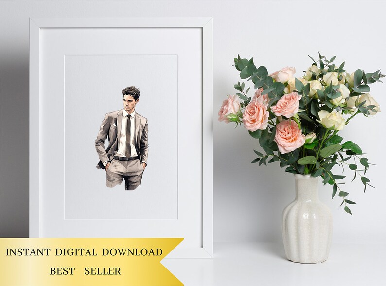 Set di 25, Clipart di uomini in giacca e cravatta ad acquerello, Clipart di uomini belli, Moda uomo PNG, Moda uomo PNG, Uomo PNG, Sublimazione PNG, Digitale PNG immagine 5