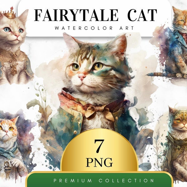 Set of 7, Fairytale Cat Watercolor Clipart, Fairytale Cats Clipart PNG, Fantasy Cat PNG, Fantasy Art Clipart, Vintage Fairytale Cat PNG
