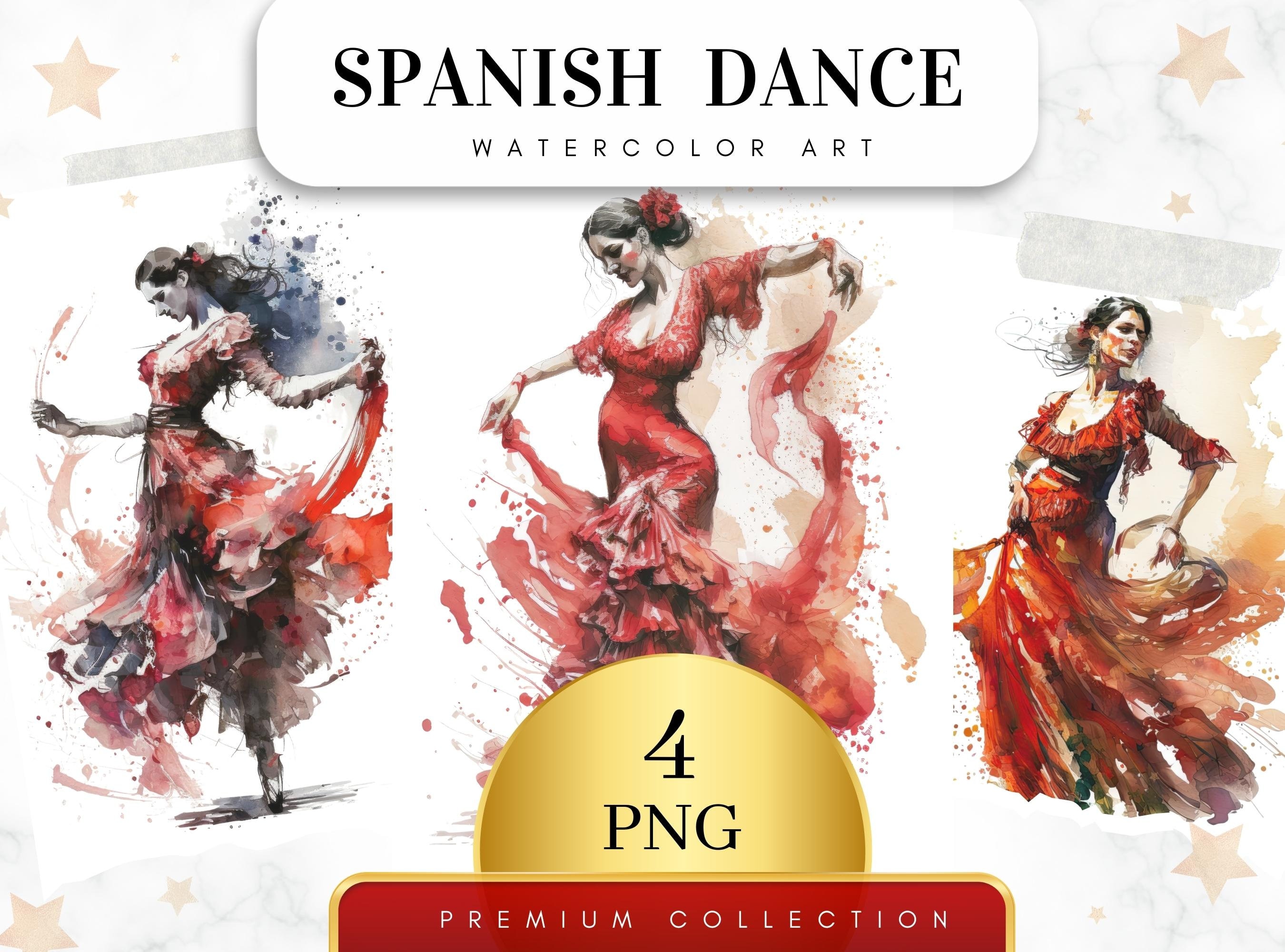 Set of 4, Watercolor Spanish Dancer Clipart, Scarlet Wall Art, Printable Watercolor, Modern Minimalist Poster, Dancing Woman, Digital PNG