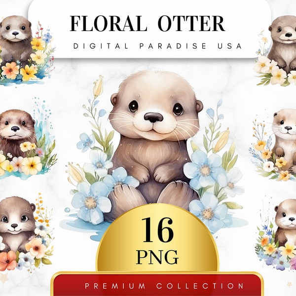 Set of 16, Watercolor Floral Otter Clipart, Otter PNG, Floral Otter Art, Floral Clipart, Junk Journal, Sublimation PNG, Digital Download